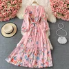 Casual Dresses 2023 Spring and Autumn Clothing Retro Lace Up midja Kvinnor Slim Temperament Tryckt rund nackklänning Lång ärm Vestidos