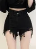Женские шорты 2023 Сладкая корейская высокая талия тонкая рисунка отверстие для кисточки с твердым цветом джинсовой джинсовой тренд женщины сексуальные черные n9o3