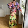 Casual jurken 2023 Vintage bloemenprint Sexy Deep V Neck Women Long Holiday Dress Boheems Afrikaans feest Sandbeach