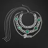 Pendant Necklaces Hip-hop Trend Set Necklace Full Of Rhinestone Geometric Letters Green Gems Cuban Chain Jewelry For Women Party Wholesale
