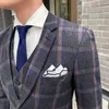 Мужские костюмы шерстяной костюм для мужчин Slim Fit Plaid Высококачественный жених свадебный дизайн 3 кусок костюм Mariage Homme Vintage Q651