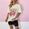 Summer Lips Letter Print T Shirts Short Sleeve Burnt Flower Hole Löst montering
