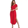 Sukienki imprezowe 2023 Summer Women Fasion Solid Casual Maxi Dress Vintage V-dół z krótkim rękawem Asymetryczne długie vestidos