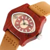 Relógios de pulso exclusivo para olho em forma de madeira vermelha case feminina quartzo movimento de couro genuíno relógio feminino natural de madeira elegante