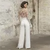 Bröllopsklänning flare långärmad jumpsuit klänningar 2023 spetsapplikationer v-hals brudklänning med byxor sexig illusion tyll skräddarsydd