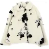 Damen Jacken Mantel Damen Schwarz-Weiß-Kühe Muster Lose Lässige Plüsch Verdickt