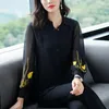 Kadın bluzları bahar yaz siyah kadın gömleği zarif kapalı yaka nakış uzun kolu doğal gerçek ipek patchwork ofis
