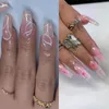 False Nails 24pcs Detachable DIY Pink Flower Star Press On Fake French Ballerina Long