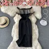 2023 Vestidos Temperamento Donna Vestito Slash Collar Ladies Robe Dot Print Mesh Dress Estate Increspato Vita alta Vestido elegante