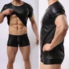 Men's T Shirts Men's T-Shirt Short-Sleeve Stretch Faux Leather Undershirt With Muscles Men Dance Top Stage Performance Round Neck Sexy