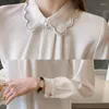 Kvinnors blusar mode elegantes 2023 Autumn White Long Sleeve Satin Blus spetsar solid chiffong skjorta kvinnors toppar mujer blusa casual