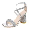 Dress Shoes Open Toe Woman Summer Silver Gold Snake Print Buckle Strap Block High Heels Women Sandals Bling Sequin Wedding