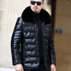 Veste en duvet mi-longue pour homme, manteau en cuir épais à revers, décontracté, d'âge moyen et âgé