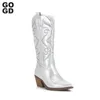 Dress Shoes GOGD Cowboy Pink Cowgirl Boots For Women Fashion Zip Embroidered Pointed Toe Chunky Heel Mid Calf Western Boots Shinny Shoes 230225