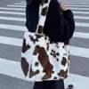 Вечерние сумки женщины для коровьего печати плюшевая сумка для плеча женская повседневная покупка больших возможностей