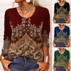 Women's Blouses Classic Pullover Top Anti-Fade Spring T-shirt Long Sleeve Ethnic Style Flower Print Versatile