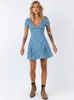 Casual jurken jurk zomer 2023 vrouwen bloemenprint blauw strand boho ruches a-line mini sundress elegant feestvestidos