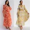 Casual Dresses Ladies Autumn Printed Lantern Sleeve V-Neck Retro midja Draped Feeling Dress Pastoral Gorgeous Elegant