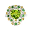 Ringos de cluster ruzzallati fofo coração romântico forma peridoto gemstone aberta para mulheres impressionantes cristal verde Europa jóias de cor prata