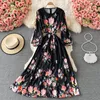 Casual Dresses 2023 Spring and Autumn Clothing Retro Lace Up midja Kvinnor Slim Temperament Tryckt rund nackklänning Lång ärm Vestidos