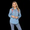 Camicette da donna Primavera Estate Donna Blosue Denim Top Camicia a maniche lunghe Ricamo Donna Jean Floral Women