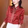 Kvinnors blusar Casual Blus Female 2023 Temperament Bow Heavy Satin Silk Shirt Women's Fashion Long Sleeve Mulberry Top