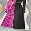 Korean Dresses Stand Neck Long Sleeve Contrast Color Patchwork Knit Robe Femme Slim Waist Belt Pleated Vestidos De Mujer 2023