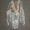 Stage Wear Bar Nightclub Tassel Dance Costume Silver Sequins Fringe Sleeve Bodysuit Sexy Elastic Leotard Party Show Clothes