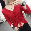 Pulls pour femmes Femmes V-cou Bottoming Femme Lâche À Manches Longues Soie Brillante Mince Tops Dames Automne Creux Cordon Net Pull Rouge