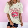 Summer Lips Letter Print T Shirts Short Sleeve Burnt Flower Hole Löst montering