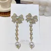 Charm MENGJIQIAO Korean Elegant Rhinestone Bowknot Drop Earrings For Women Girls Fashion Long Pearl Pendientes Party Jewelry Gifts G230225