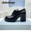 Dress Shoes Autumn Patent Leather Chunky Heel Woman Shoe Round Toe Thick Sole Designer Black White Pump Slipon Lace Up Career Heels 230225