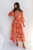 Casual Dresses Ladies Autumn Printed Lantern Sleeve V-Neck Retro midja Draped Feeling Dress Pastoral Gorgeous Elegant