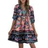 Повседневные платья летние богемные короткие пляжные платье этническое стиль цветочный принт V-образный рукав A-Line Mini для женщин каникулы
