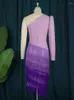 Casual Dresses Women Party 2023 Purple Tassel One Shoulder Midi Chic Robes Irregular Patchwork Big Size Formal