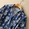 2023 Spring Blue Paisley Print Belted Cotton Dress 3/4 Lantern Sleeve Lapel Neck Paneled Midi Casual Dresses S2D201654