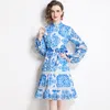 Casual Dresses 2023 Summer High-end Temperament Long Sleeve Stand Collar Loose Fishtail Lace Up Blue And White Porcelain Hollow Out Dress
