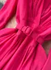 Red Nieuwe Casual Jurken Summer Solid Slim Full Lady Dress A Line V Neck Chiffon Pullover Mid-Calf High Taille Women Jurken 2023
