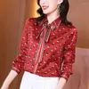 Kvinnors blusar Casual Blus Female 2023 Temperament Bow Heavy Satin Silk Shirt Women's Fashion Long Sleeve Mulberry Top