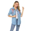 Camicette da donna Primavera Estate Donna Blosue Denim Top Camicia a maniche lunghe Ricamo Donna Jean Floral Women