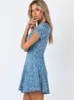 Casual jurken jurk zomer 2023 vrouwen bloemenprint blauw strand boho ruches a-line mini sundress elegant feestvestidos
