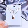 Chains MIGGA Double Layer Zircon Crystal Key Lock Chain Necklace For Women Rose Gold Color Plated Choker Jewelry