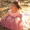 Girl Dresses Cute Pink Flower Girls 2023 Big Bow Lace Applique Tulle Kids Wedding Party Dress Tea-Length Puffy Child Bridel Gowns