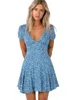 Casual jurken jurk zomer 2023 vrouwen bloemenprint blauw strand boho ruches a-line mini sundress elegant feestvestidos