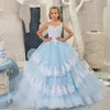 Fille Robes Yipeisha Enfants Fête D'anniversaire Bleu Clair O Cou Première Sainte Communion Robe Blanc Dentelle Boule Fleur