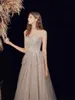 Luxury Tulle Gray Evening Dresses A-Line Embroidery Applique Bandage Princess Strapless Floor-Length Bridesmaid Prom Gown New