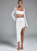 Casual Dresses Pärled Bandage Two Piece Dress Women White 2 Set BodyCon Evening Party Elegant Sexig långärmad midi födelsedagsklubbdräkt