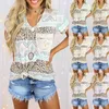 Summer Print Shirts Contrast Color Short Sleeve V Neck Loose Fitting Casual T