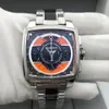 メンズ腕時計スクエア クロノグラフ オレンジ ダイヤル 44 MM モーション スチール ツートン ブラック stap クォーツ腕時計