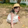 Hüte Frühling Sommer Kinder Jungen Mädchen Stroh Geflochtene Hut Strand Urlaub Spitze Up Flache Top Outdoor Sun Block Kappe Für kinder 2023